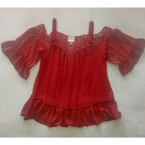 Knox Rose Red Blouse Size Medium Cold Shoulder Crochet Ruffle Sleeve Boho